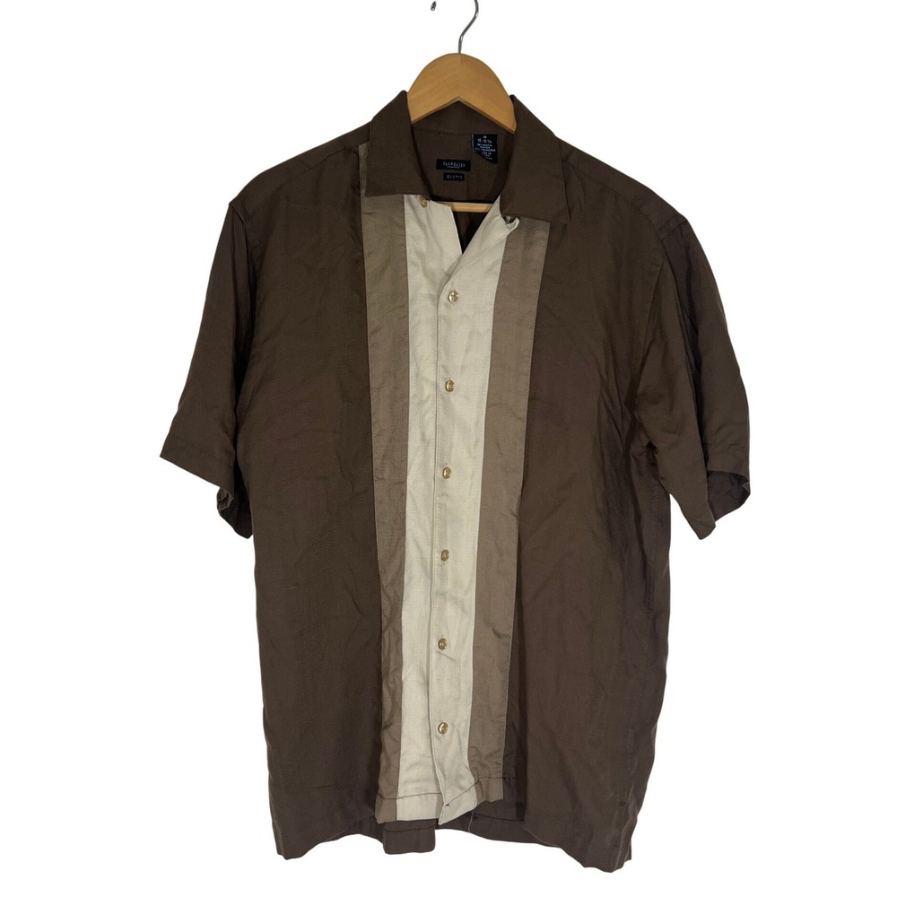 Van Heusen Studio Mens Brown ColorBlock Button Up Shirt M Bowler 90s Rockabilly